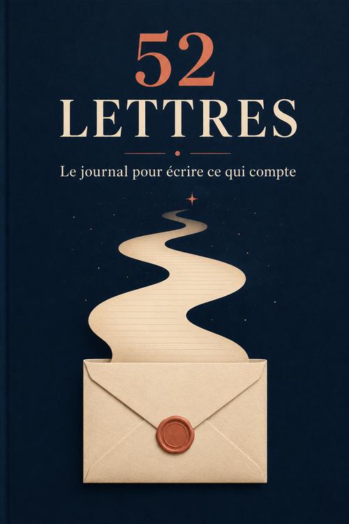 Couverture bleu nuit du journal 52 Lettres avec une enveloppe et un chemin de papier